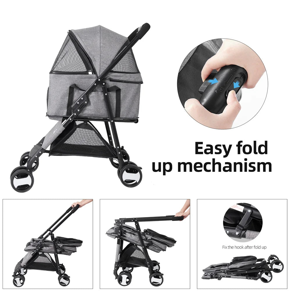 Foldable Pet Stroller Carrier For Dogs And Cats Rain Cover