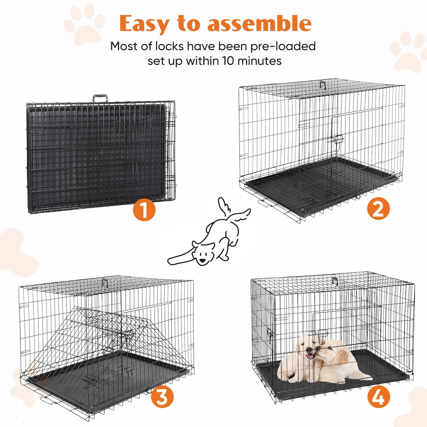JHK Double Door Folding Metal Dog Cage With Pan Tray
