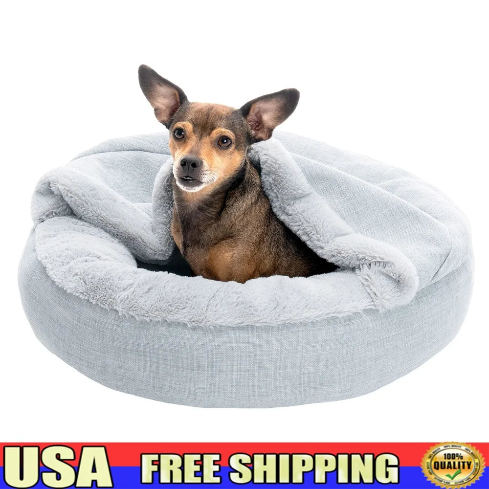 XMSJ Hooded Donut Pet Bed Plush Nesting Non Slip Base