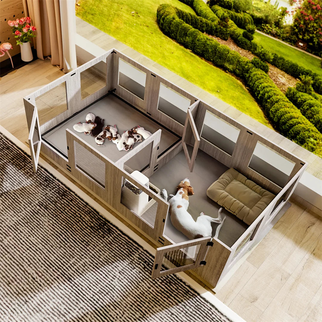 High-concerned Tempered Glass Dog Whelping Box With Waterproof Pad Playpen