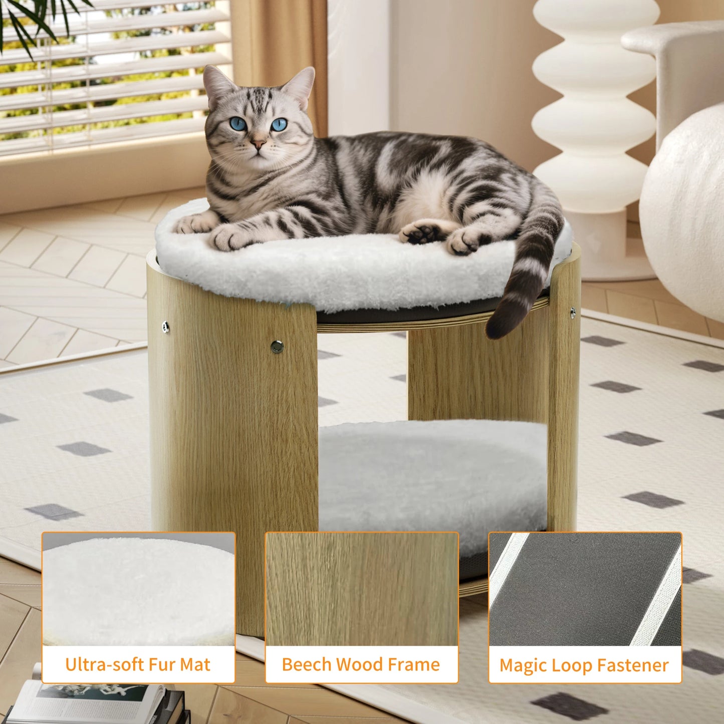 BINGOPAW Elevated Cat Bed Two Tier Bamboo Cat Tree Stand