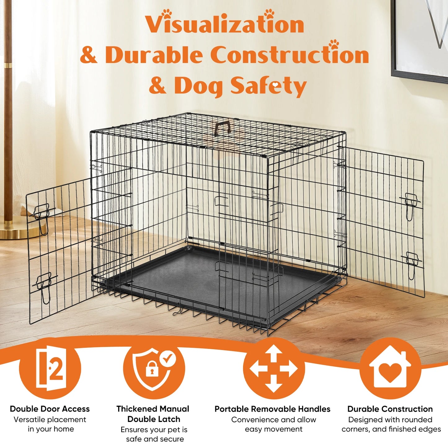 JHK Double Door Folding Metal Dog Cage With Pan Tray