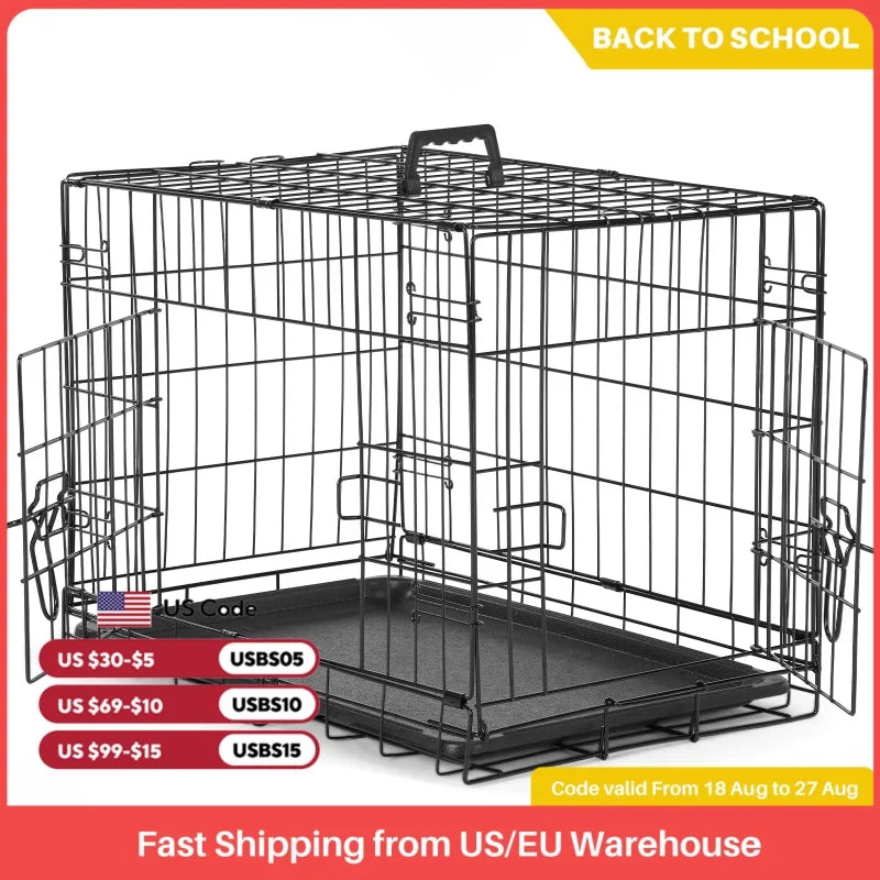 JHK Double Door Folding Metal Dog Cage With Pan Tray
