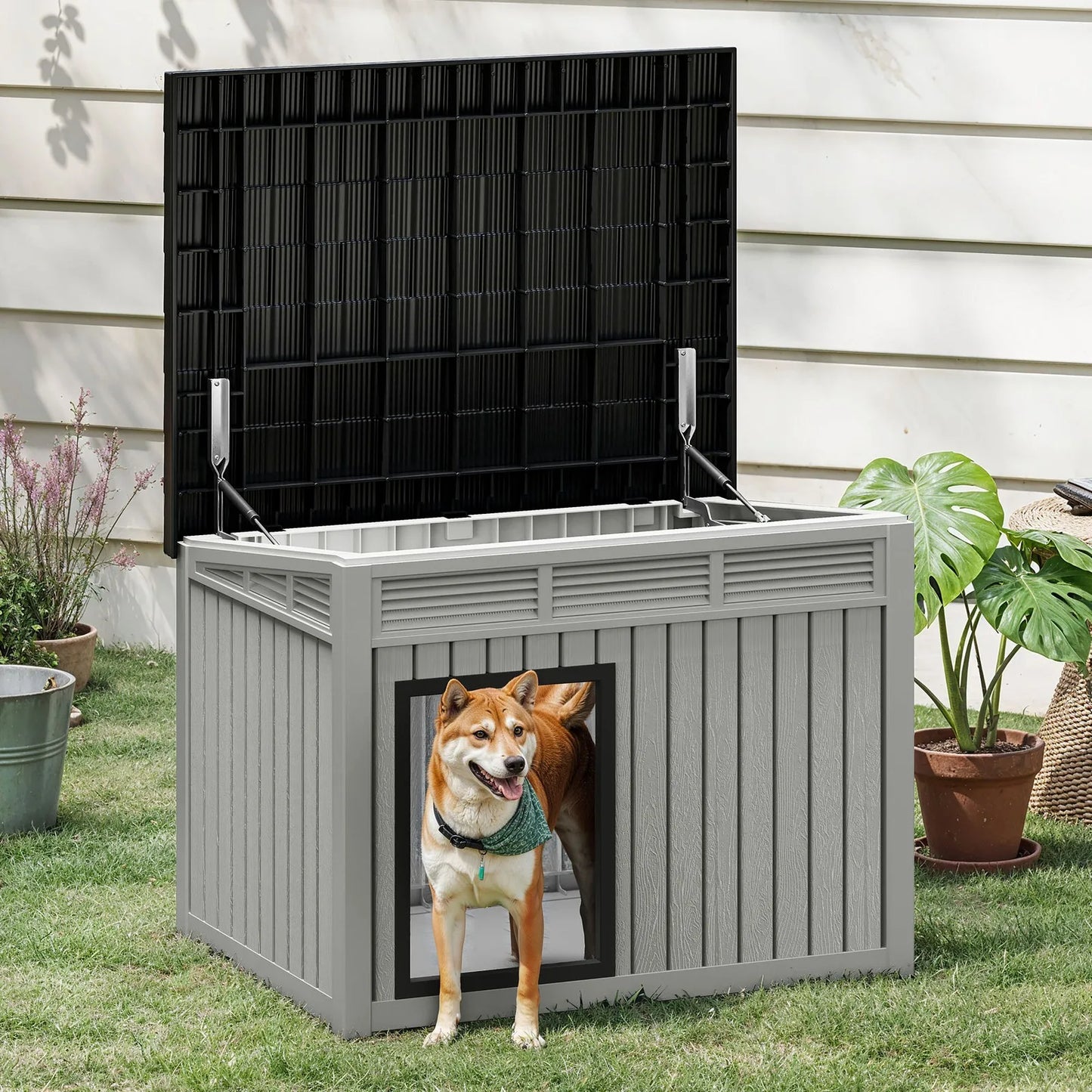 Plastic Dog House With Liftable Roof And Air Vents Outdoor
