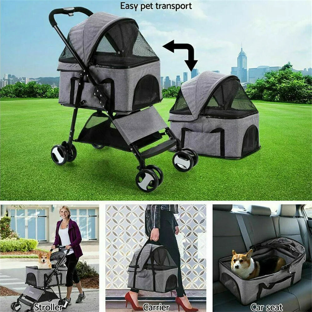 Foldable Pet Stroller Carrier For Dogs And Cats Rain Cover