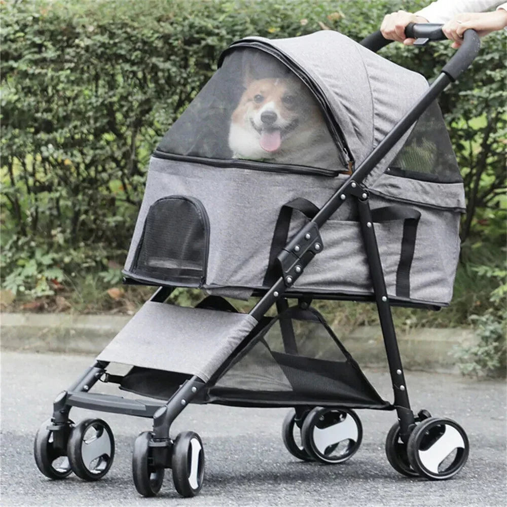 Foldable Pet Stroller Carrier For Dogs And Cats Rain Cover